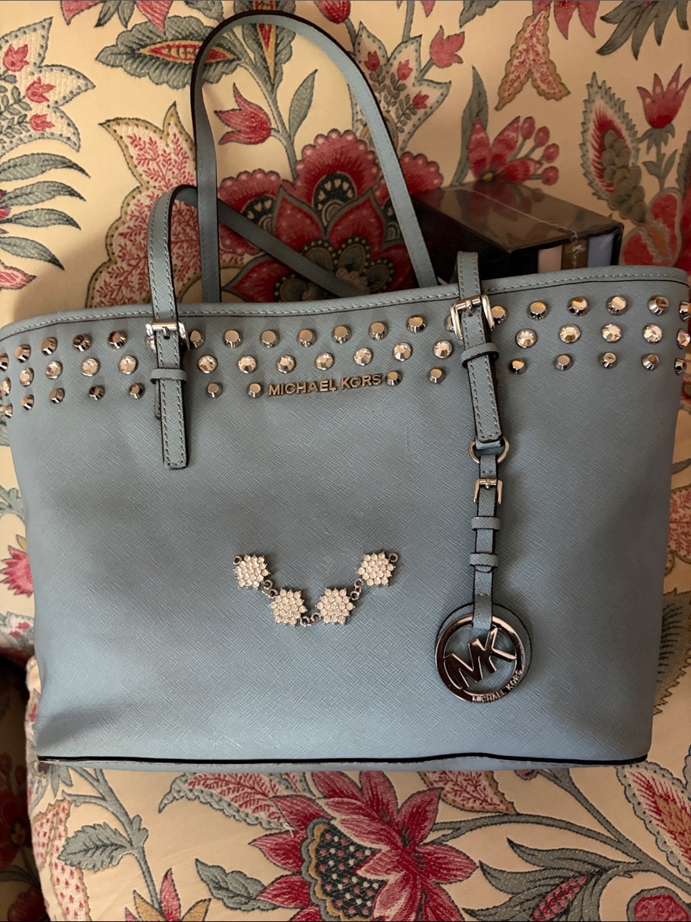 Michael Kors Light Blue Studded Saffiano Tote with MK Charm
